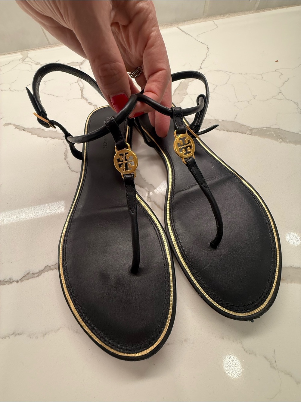 Tory Burch Black Leather T-Strap Sandals with Gold Logo